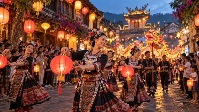 Dancers carrying lanterns in a colorful cultural procession