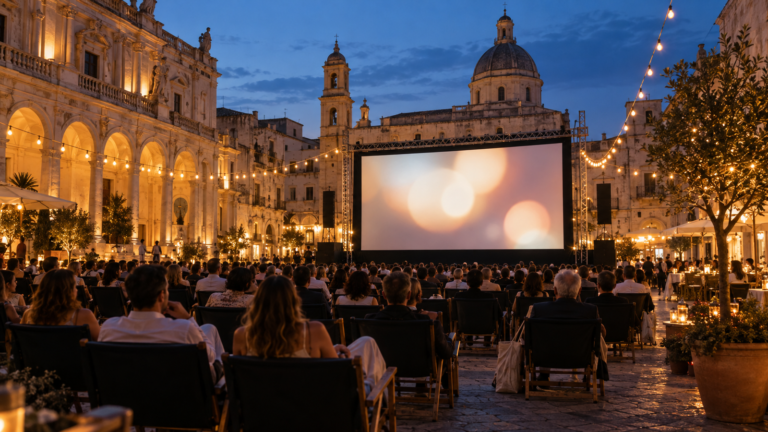 An open-air cinema in a historic square at blue hour