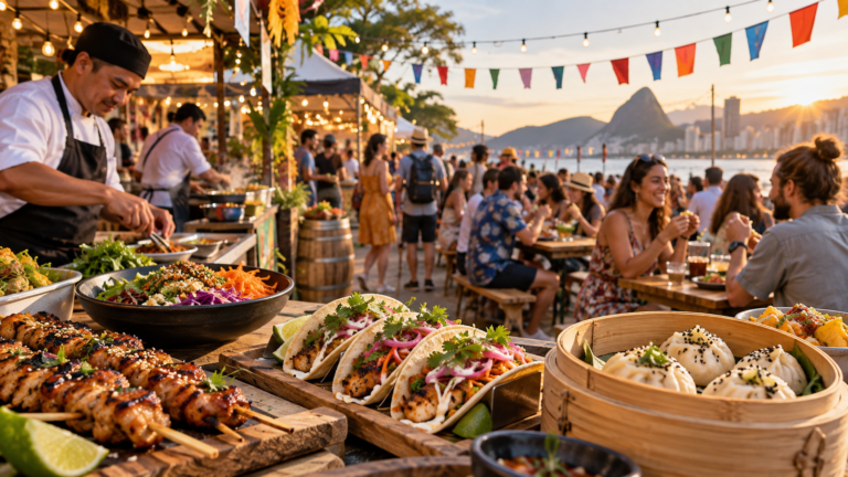 Visitors sharing dishes at an outdoor global food festival