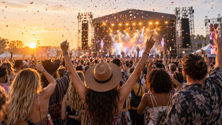 A crowd enjoying an outdoor music festival at sunset