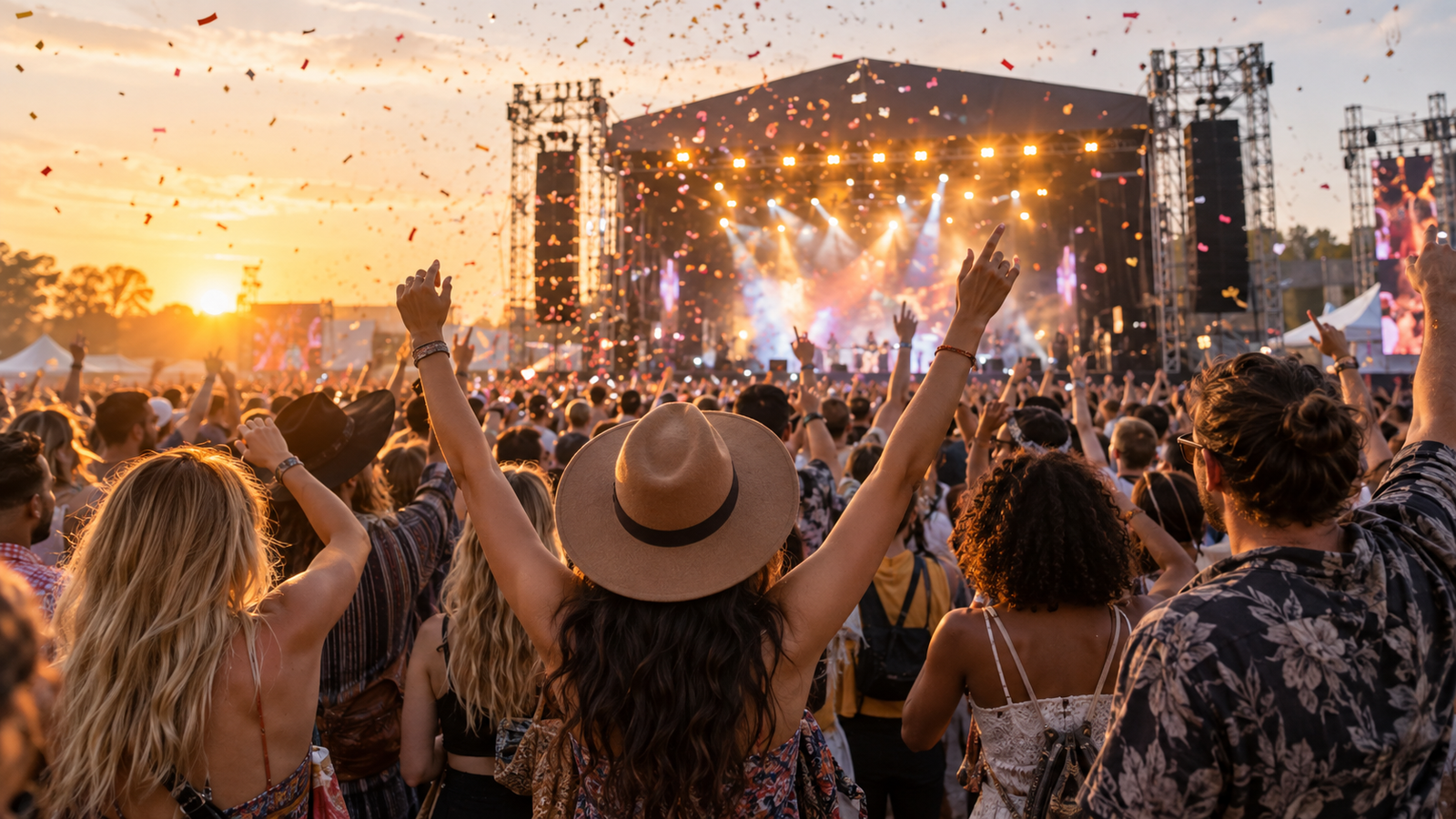 A global music festival at sunset